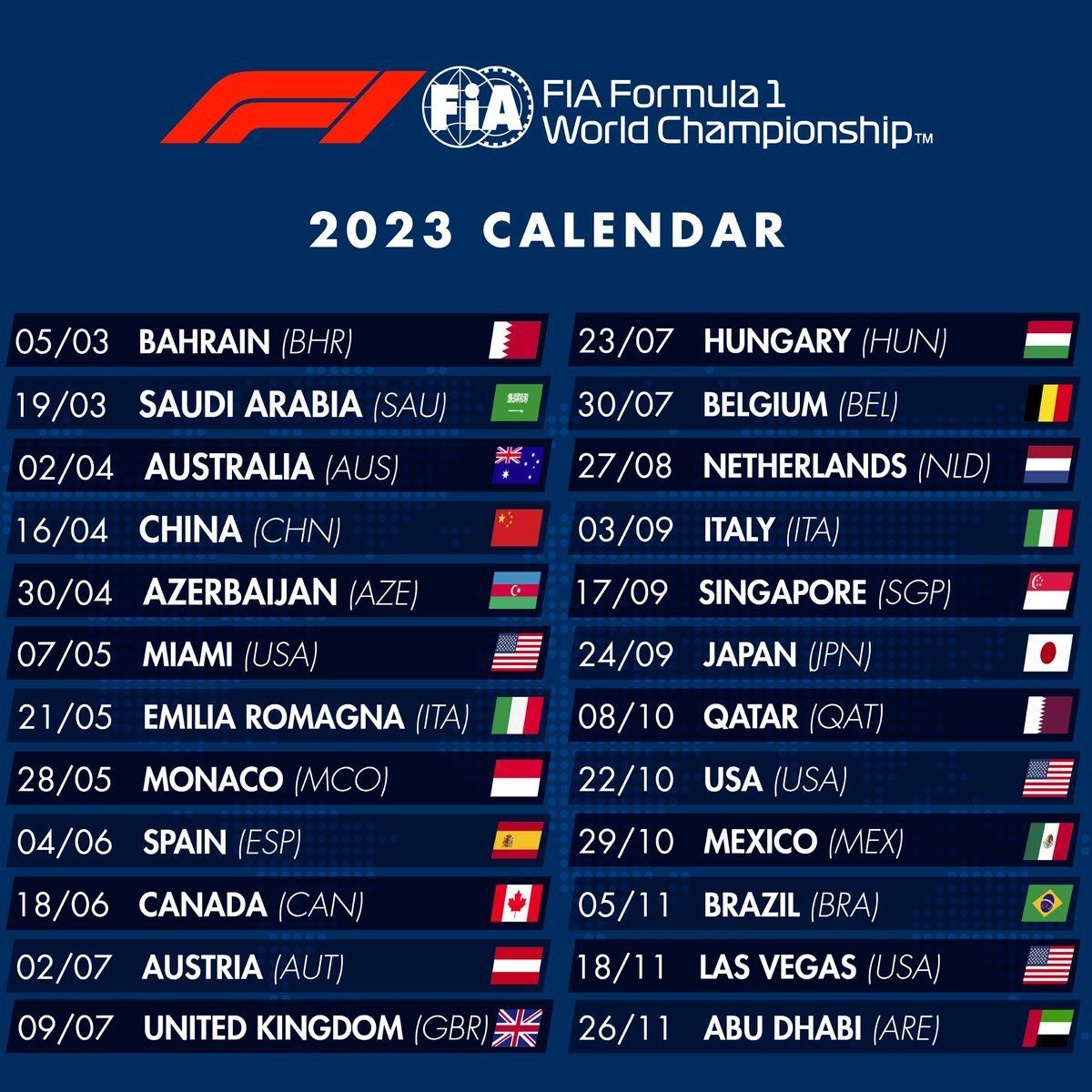 FORMEL1KALENDER 2023, Formel1Kalender 2023 24 Rennen